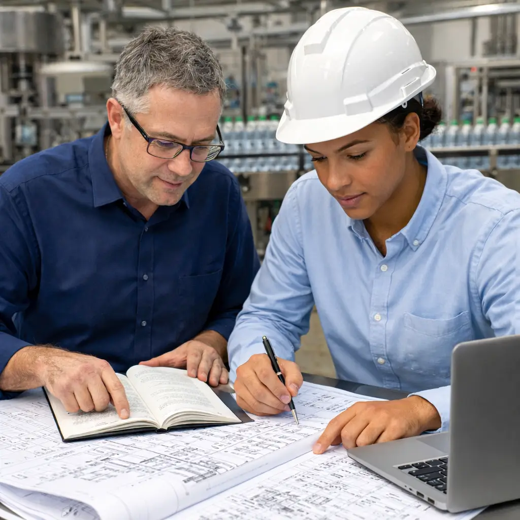 Engineers reviewing documentation on packaging floor