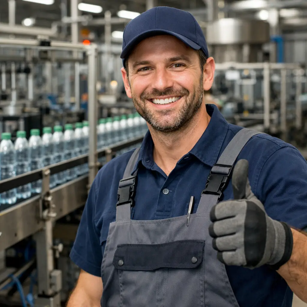 Factory worker operating packaging equipment